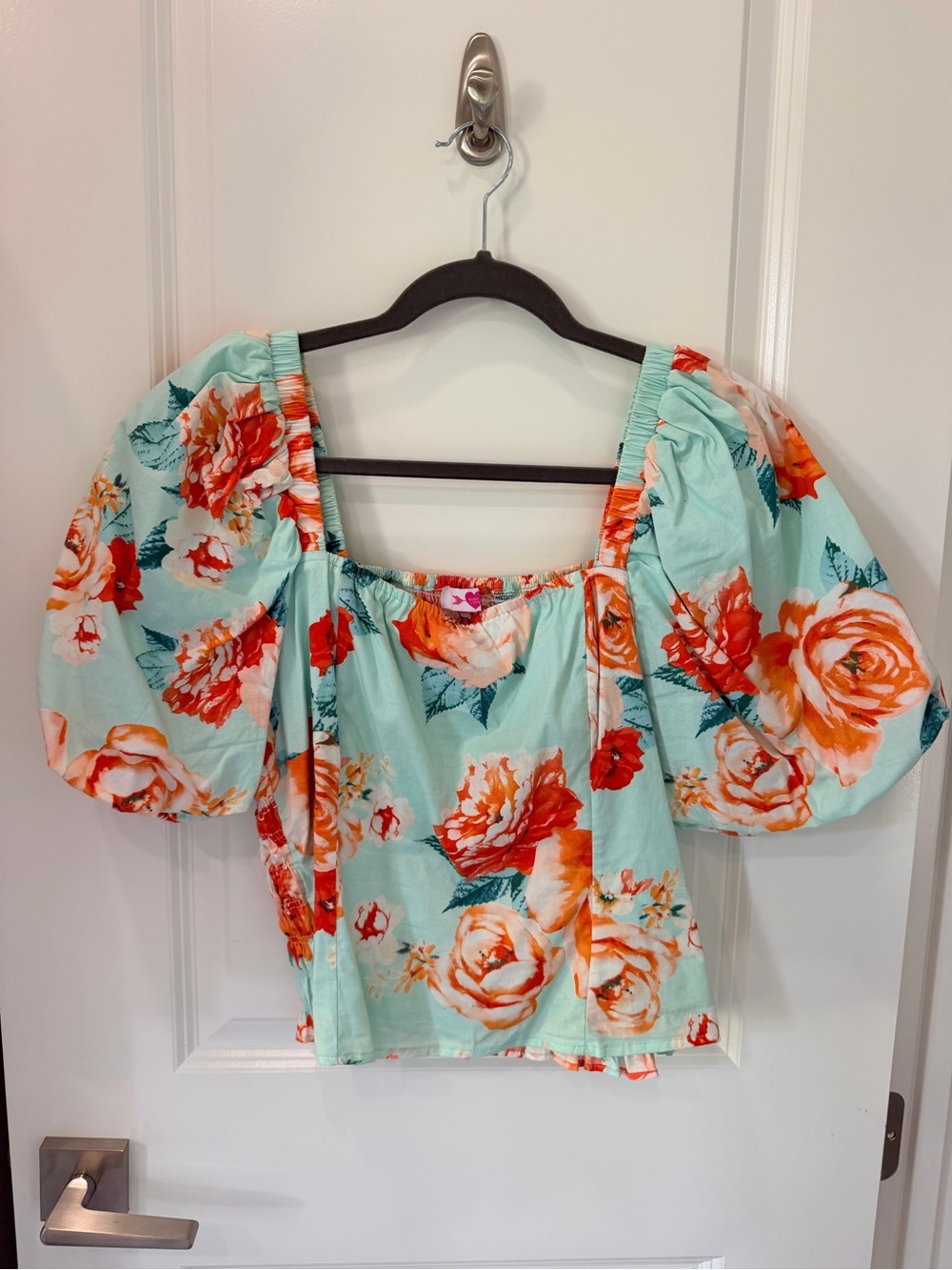 Buddy Love Floral Puff-Sleeve Square Neck Top - Aqua with Orange Rose Print